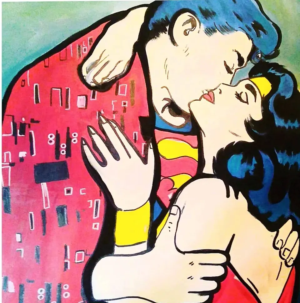 Opera di RO5: bacio tra supereroi in stile fumetto